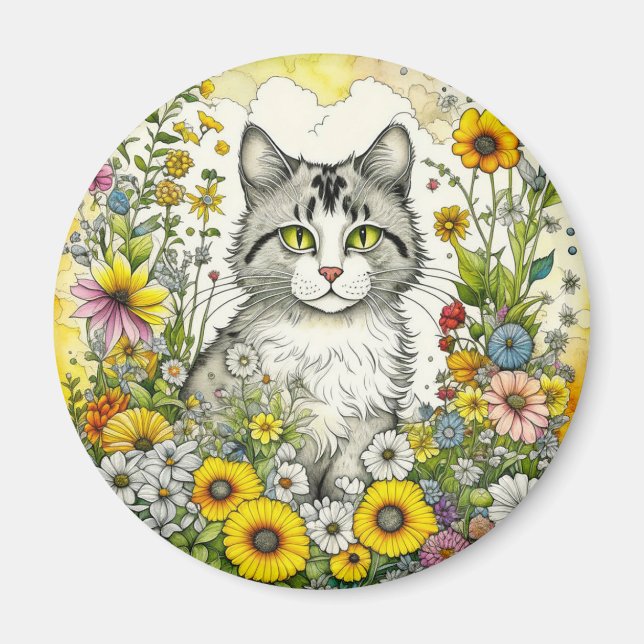 Imán Gato gris y blanco gitano sentado en flores (Frente)