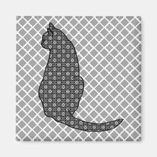 Imán Gato japonés - Impresión de kimono negro y blanco