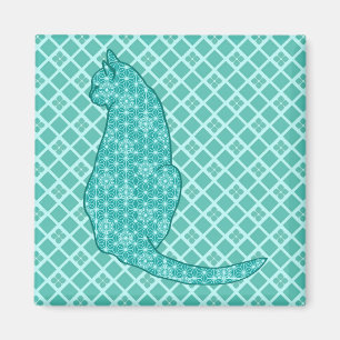 Imán Gato japonés - Impresión de kimono turquesa