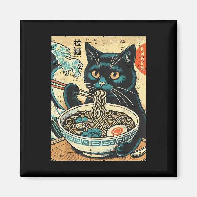 Imán Gato japonés Ramen gran ola de comida de arte vint (Frente)