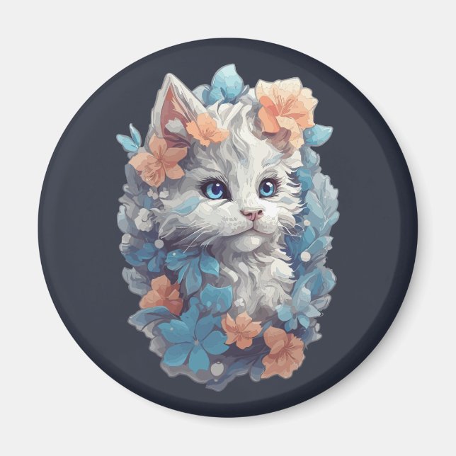 Imán Gato Kitty Floral Blanco Lindo (Frente)