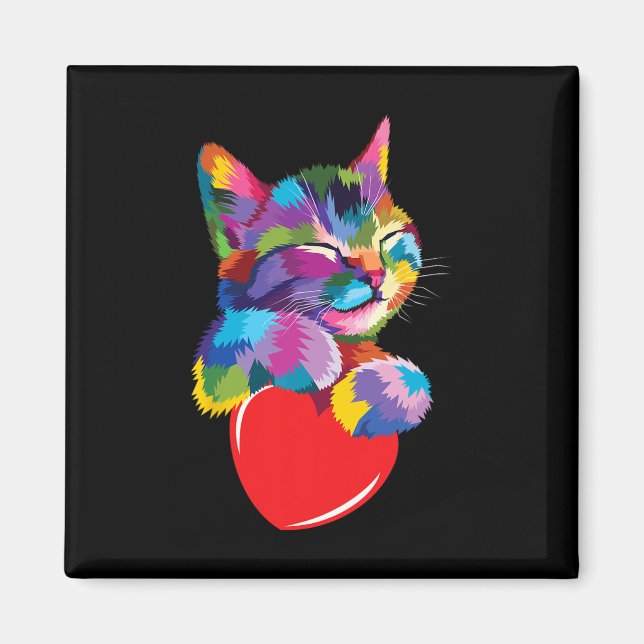 Imán Gato lindo arcoiris abrazando a Valentine Heart Ki (Frente)