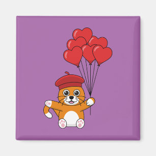 Imán Gato lindo con globos de corazón rojo