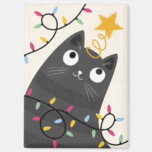 Imán Gato lindo con luces y adorno de copa de Navidad