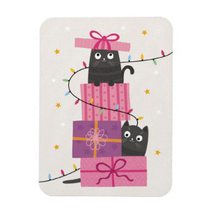 Imán Gato lindo con luces y regalos de Navidad
