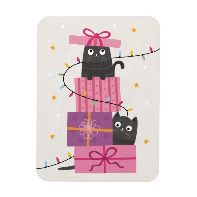 Imán Gato lindo con luces y regalos de Navidad (Vertical)