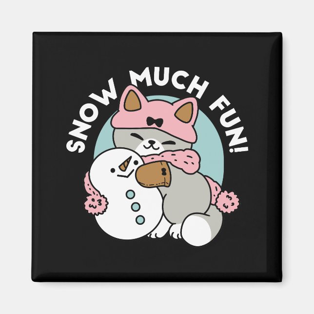 Imán Gato lindo en arte de nieve con muñeco de nieve (Frente)