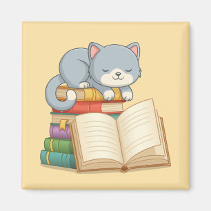 Imán Gato lindo encima de una pila de libros amarillos