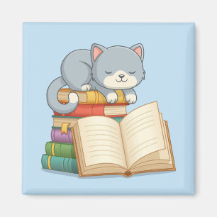 Imán Gato lindo encima de una pila de libros azul