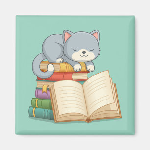 Imán Gato lindo encima de una pila de libros verdes
