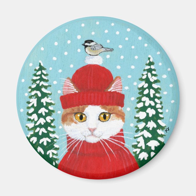 Imán Gato lindo, Navidades de pájaros nieve de invierno (Frente)