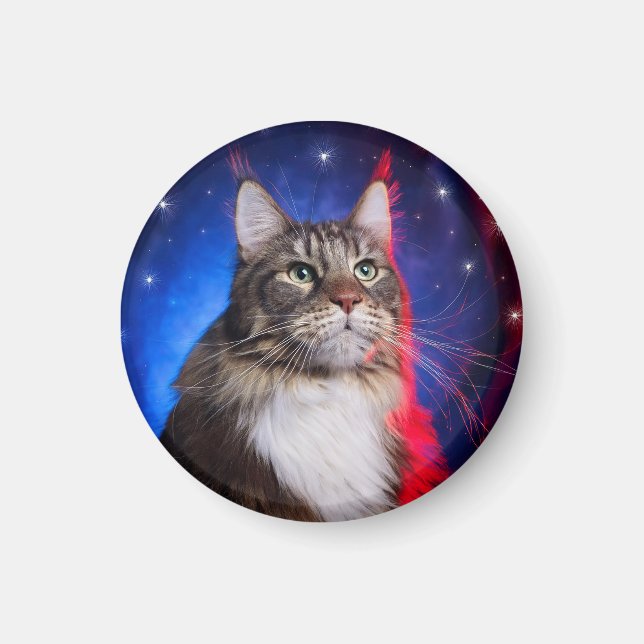 Imán Gato Maine Coon Con Aura Azul Blanco Rojo Y Estrel (Frente)