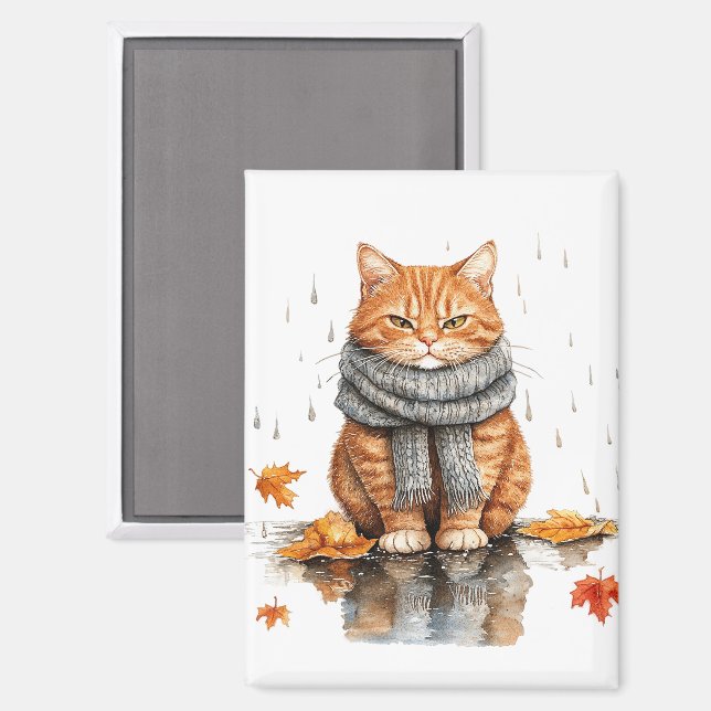 Imán Gato Naranja Gruñón en la Lluvia (Anverso/Reverso)