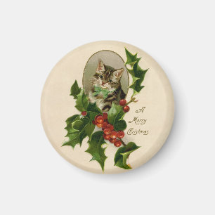 Imán Gato Navidades Merry Holly Kitten Arte Antiguo