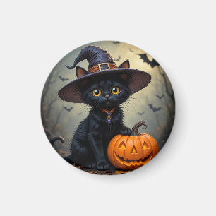 Imán Gato negro adorable que lleva sombrero de bruja