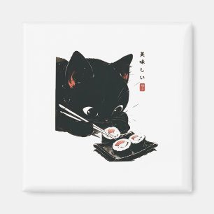 Imán Gato negro comiendo sushi - arte japonés gato