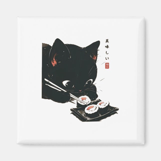 Imán Gato negro comiendo sushi - arte japonés gato (Frente)