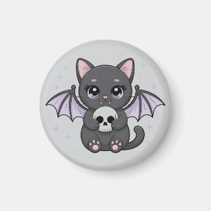 Imán Gato negro con alas de murciélago moradas abrazand