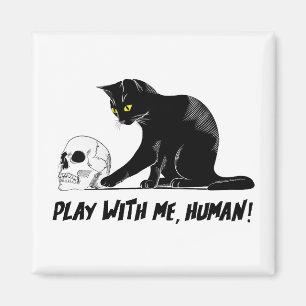 Imán Gato negro con cráneo jugando conmigo, humano ater