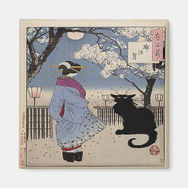 Imán Gato negro con dama japonesa (Frente)