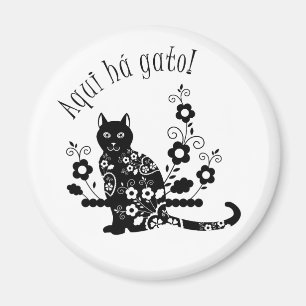 Imán Gato negro con flores y expresión portuguesa