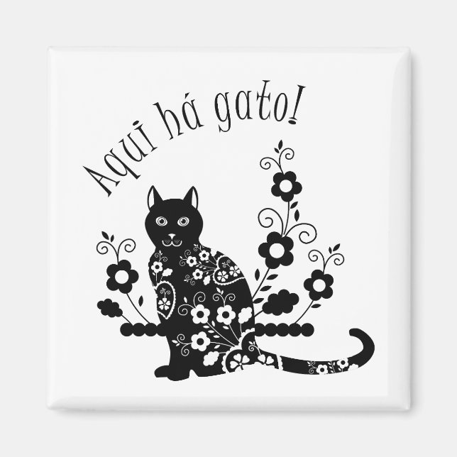 Imán Gato negro con flores y expresión portuguesa (Frente)
