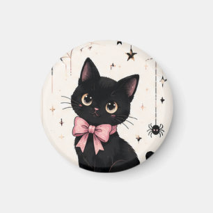 Imán Gato negro con lazo rosa adorable telaraña