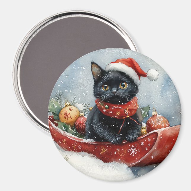 Imán Gato negro con manchas deja que nieve Navidades (Anverso/Reverso)