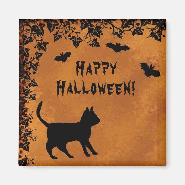 Imán Gato negro con murciélago, Feliz Halloween (Frente)