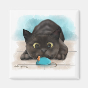 Imán Gato Negro con Ratón de Juguete Dibujo Animado