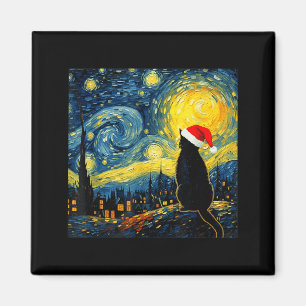 Imán Gato negro con sombrero de Santa estilo Van Gogh N