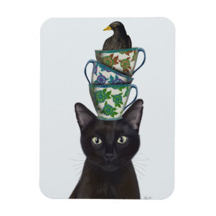 Imán Gato negro con tacitas y pájaro negro