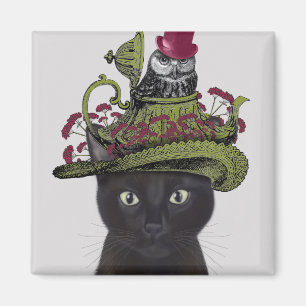 Imán Gato negro con tetera y búho