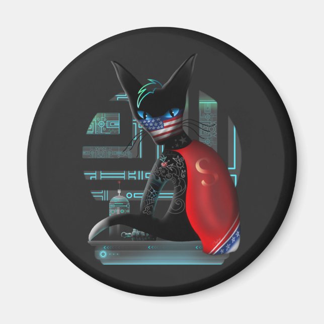 Imán Gato negro Cyberpunk Ninja (Frente)