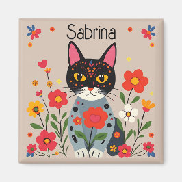 Imán Gato negro de arte popular y flores personalizadas