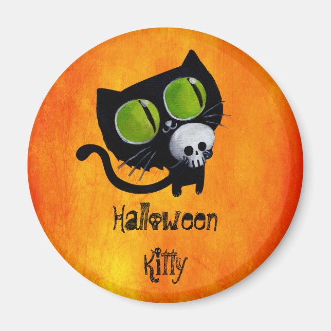 Imán Gato negro de Halloween con cráneo (Frente)