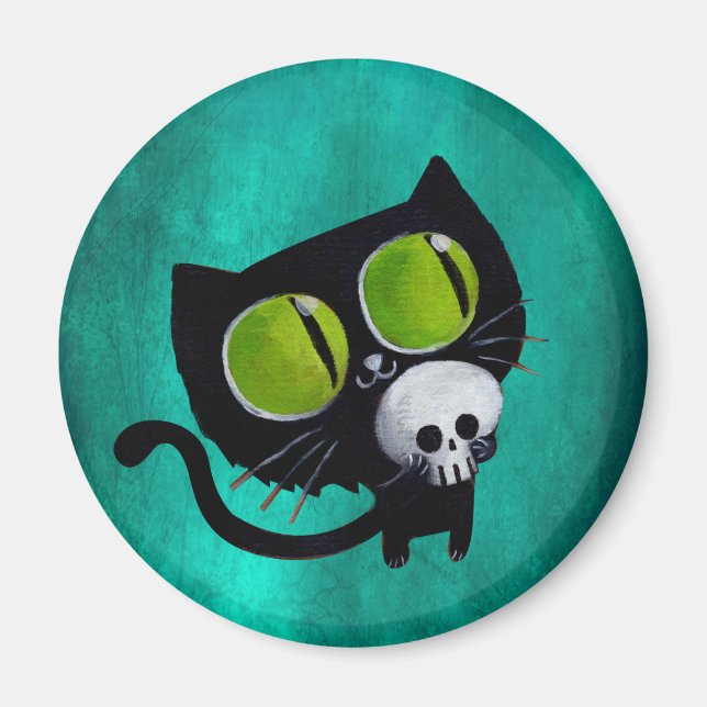 Imán Gato negro de Halloween con cráneo (Frente)