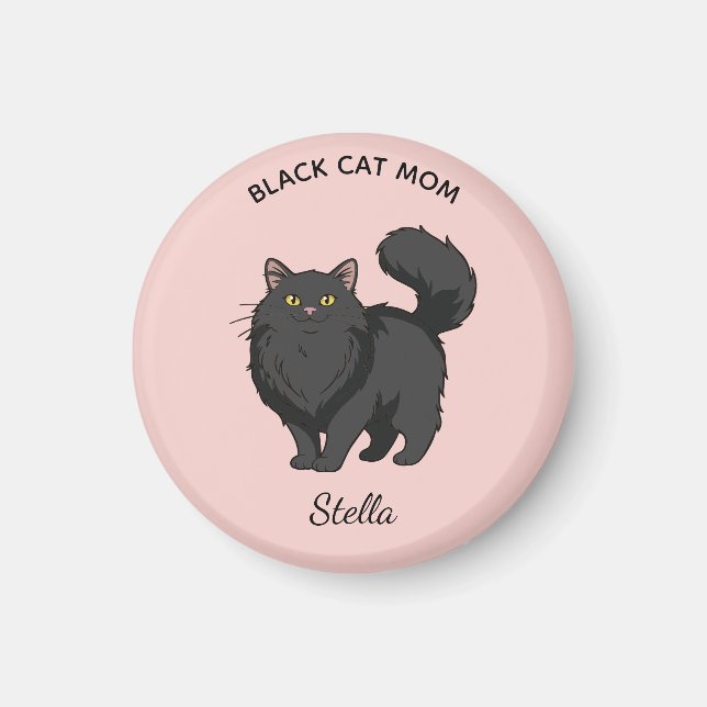 Imán Gato Negro de Pelo Largo Mamá Personalizado (Frente)