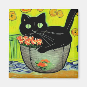 Imán Gato negro en maceta de flores