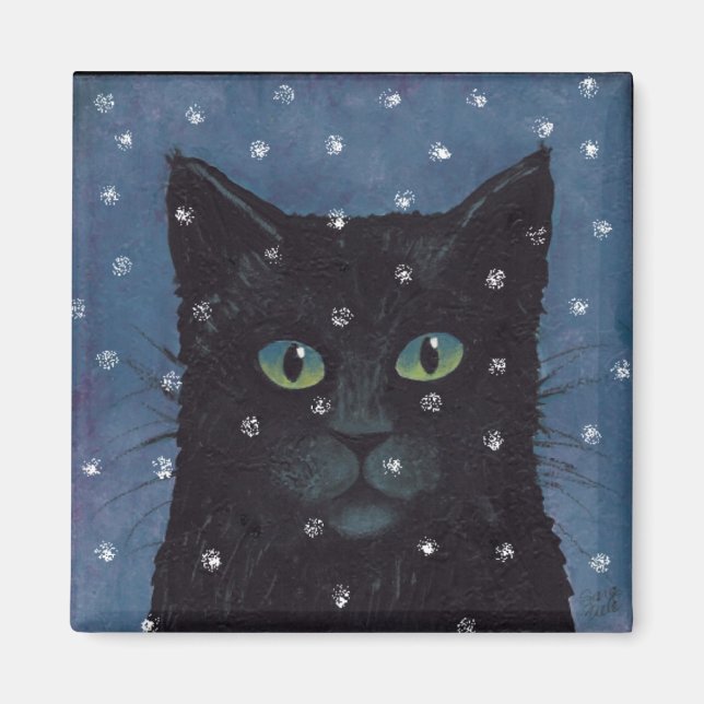 Imán gato negro en nieve de invierno (Frente)