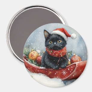 Imán Gato Negro en Trineo Deja que Nieve Navidad