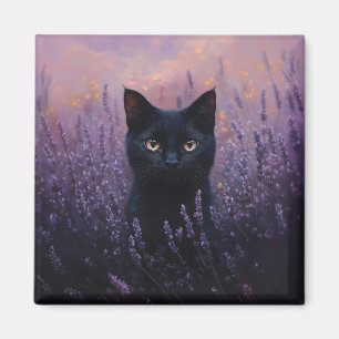 Imán Gato negro en un Ilustracion de campo de lavanda