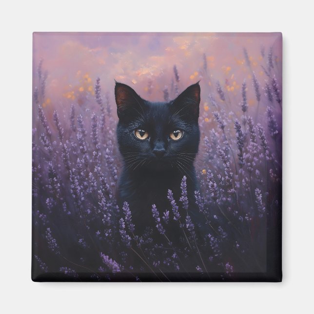 Imán Gato negro en un Ilustracion de campo de lavanda (Frente)
