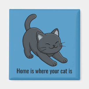 Imán Gato negro estirándose en texto personalizado azul