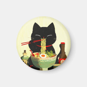 Imán Gato negro feliz comiendo ramen   Ukiyo-e japonés