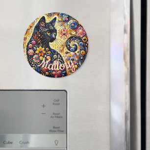 Imán Gato Negro Gatito Floral Caprichoso Personalizado