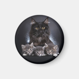 Imán Gato negro grande y sus 3 gatitos posan para nosot