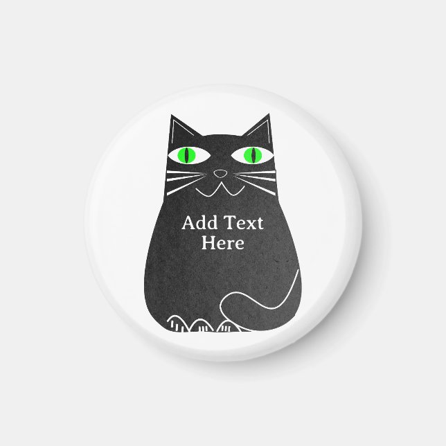 Imán Gato negro graso con ojos verdes Personalizado tex (Frente)