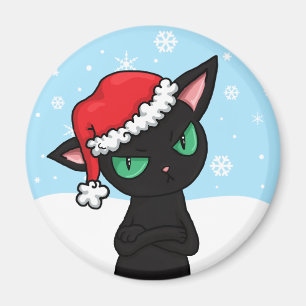 Imán Gato negro gruñón que lleva el gorra de Santa