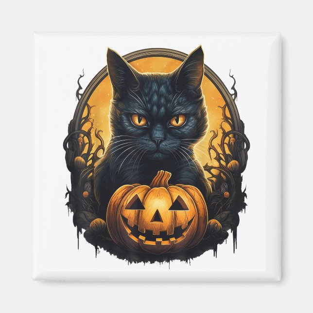 Imán Gato negro Halloween Calabazas con miedo Gato negr (Frente)